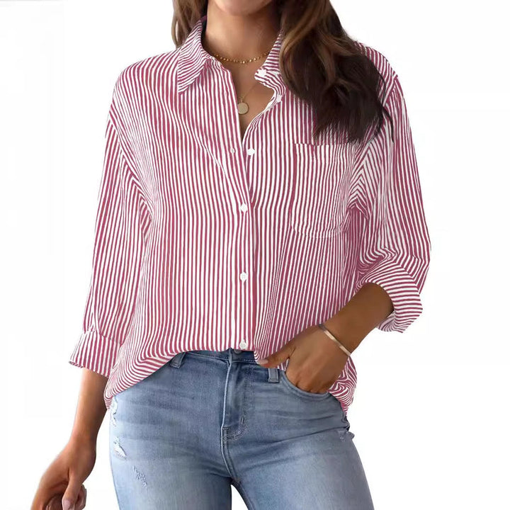 Ladies Loose Striped Shirt with Chest Pocket and Roll-up Sleeves Lune London