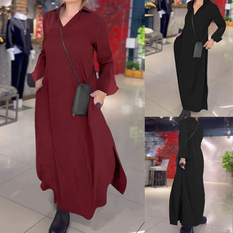 Maxi dress for women with a practical V-neckline and pockets Lune London