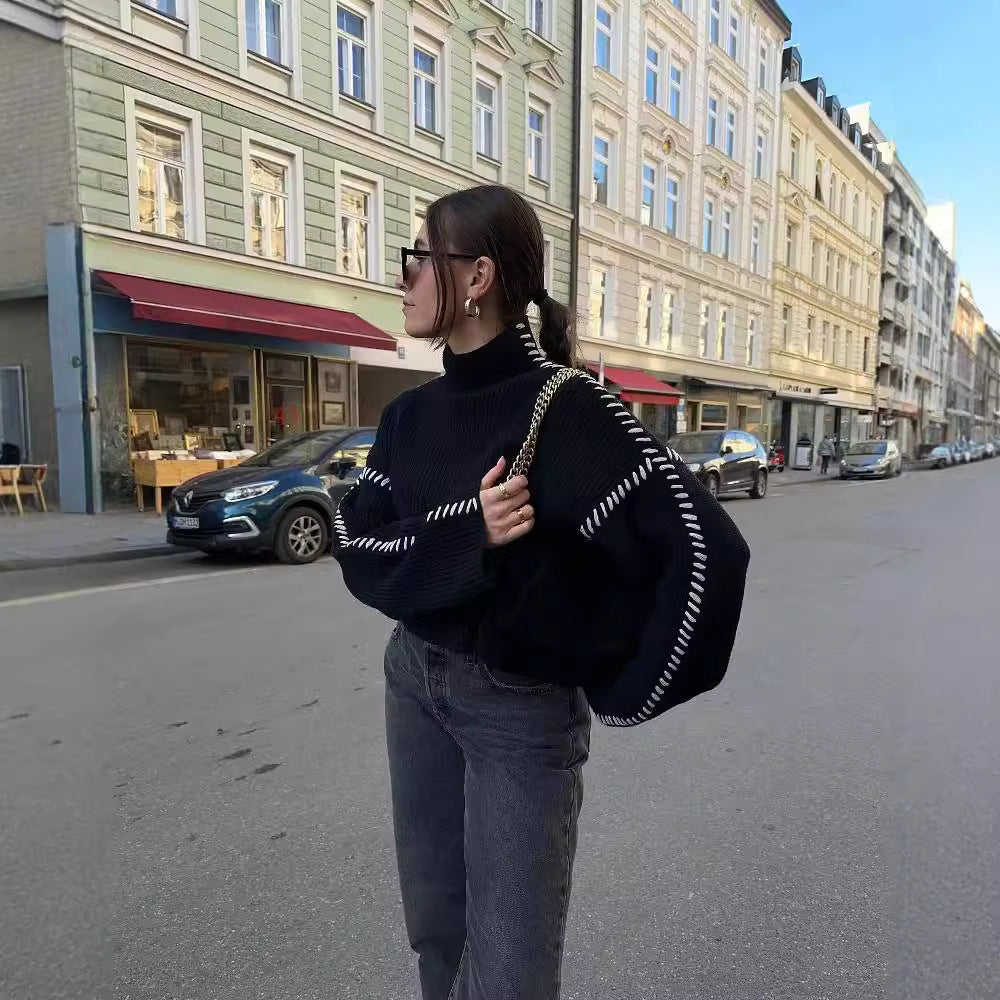 Pull en tricot épais pour femme avec col montant et accents de manches élégants Chic & Stil