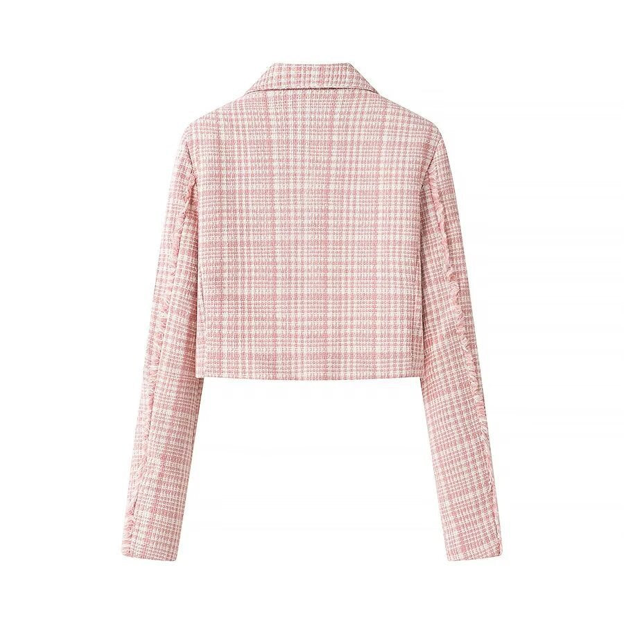Veste à carreaux courte pour femmes en coupe classique avec patte de boutonnage double Chic & Stil