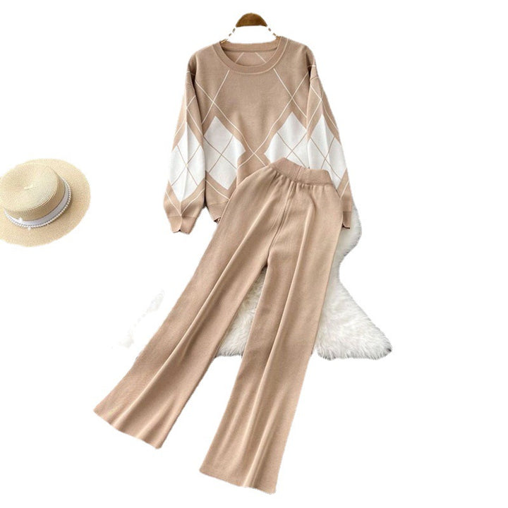 Elegant knit loungewear set for women with diamond pattern and wide leg Lune London