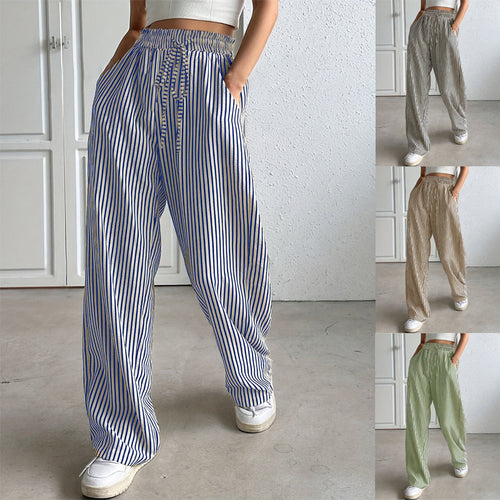 Wide striped pants for women with elastic waist and practical pockets Lune London