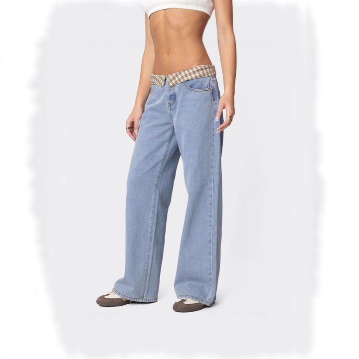Ladies Wide Jeans with Checked Waist Lune London