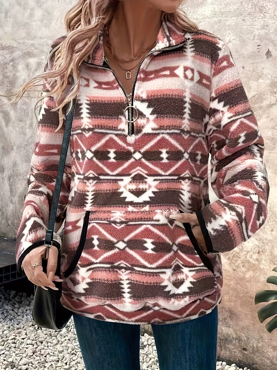 Fleece sweater for women with modern ethnic design and half zipper Lune London