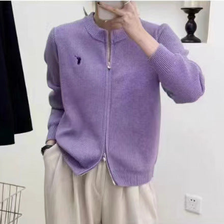 Ladies chunky knit cardigan with full zip closure and decorative details Lune London