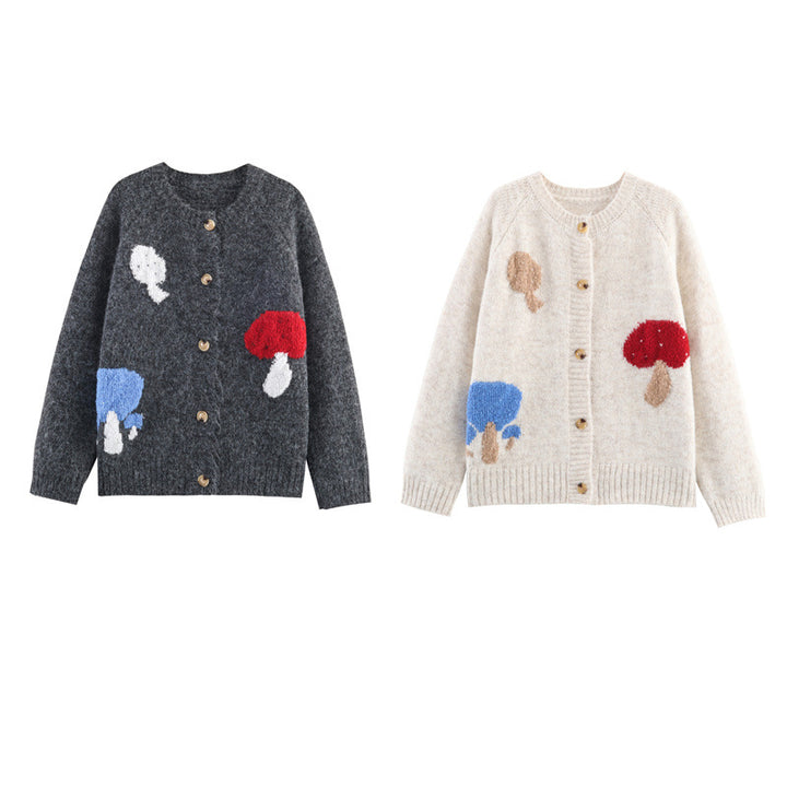 Women’s knitted jacket with colorful mushroom design Lune London