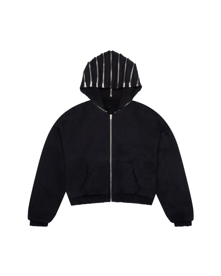 Short women's jacket with zipper and asymmetrical hood design Lune London