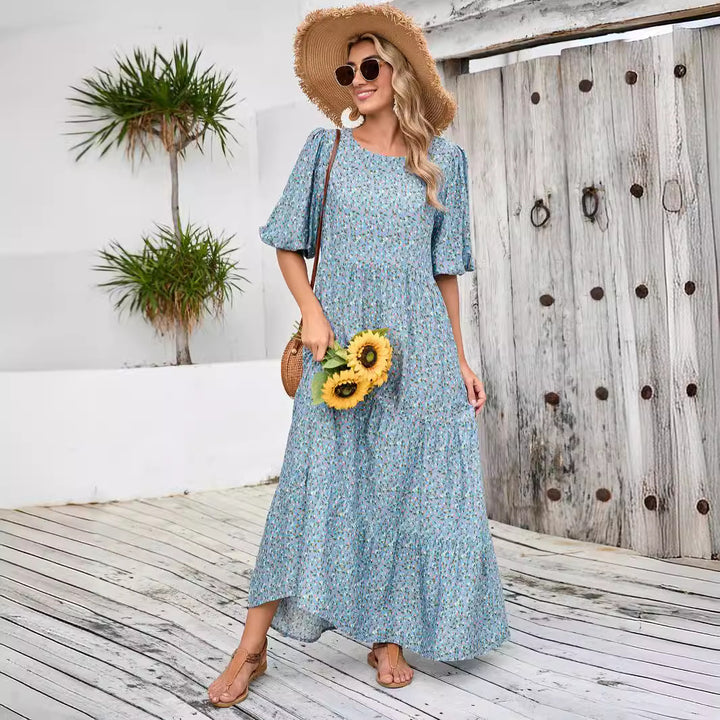 Lune London bohemian maxi dress for women with puff sleeves