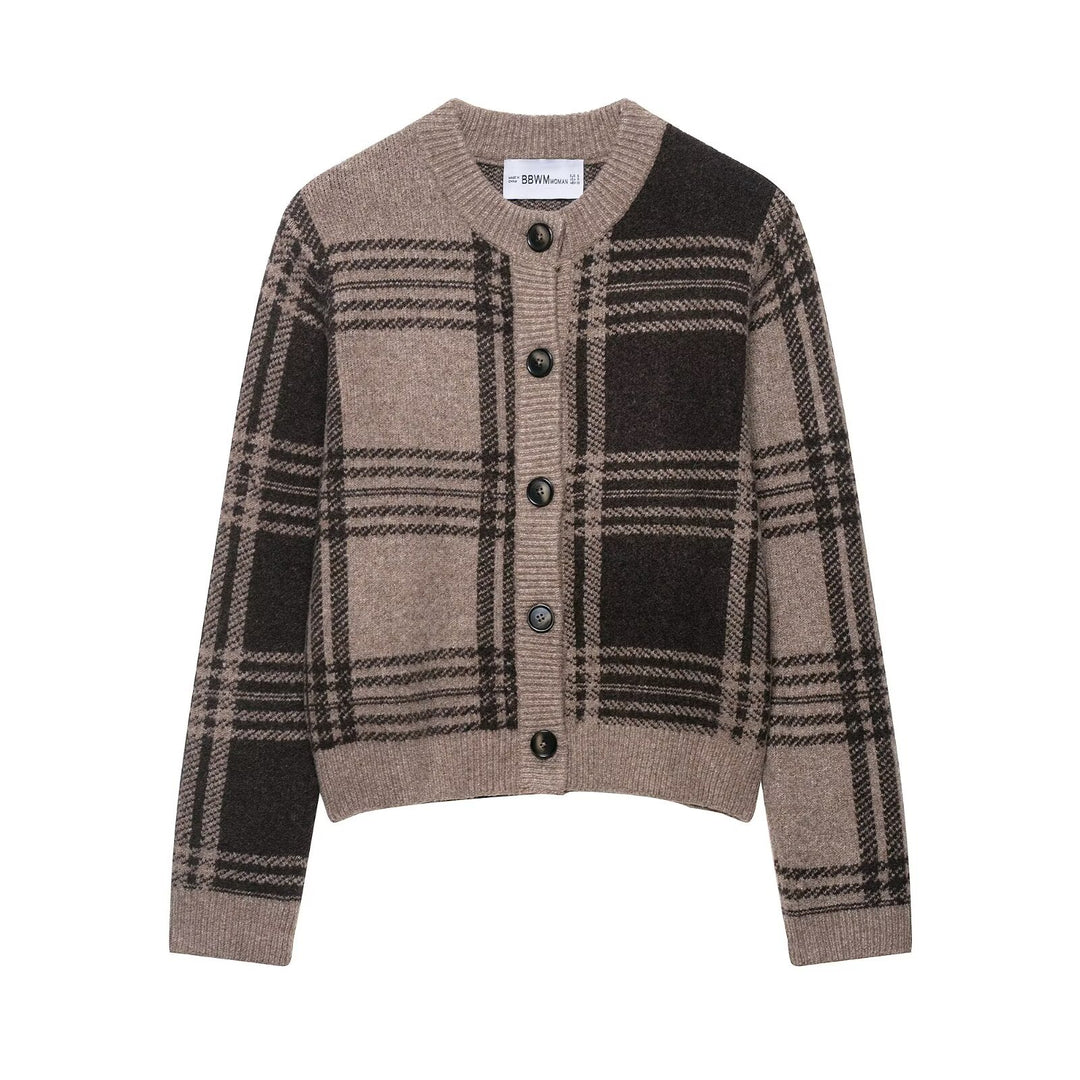 Ladies checkered cardigan with button placket and soft material Lune London
