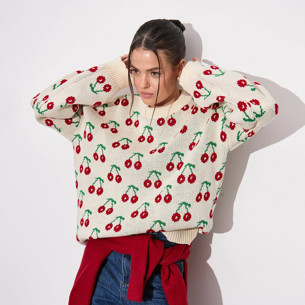 Ladies Cozy Knitted Sweater with Cherry Pattern Lune London