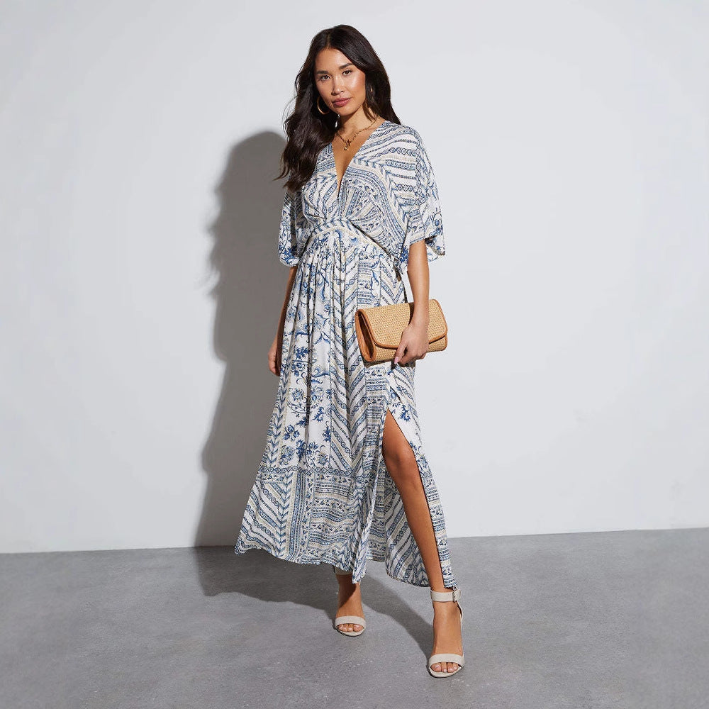 Women's maxi dress with exciting wrap design and voluminous sleeves