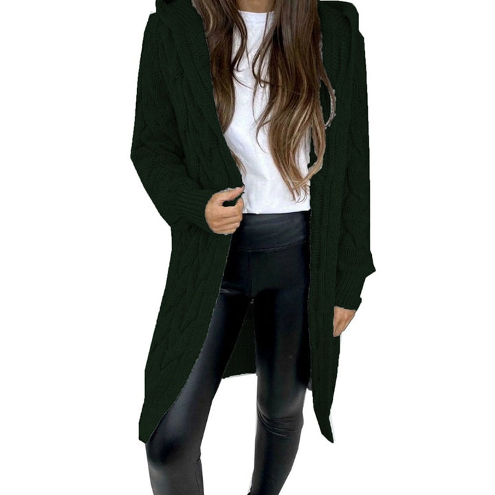 Ladies Long Knit Coat with Textured Braid Design and Practical Hood Chic and Style