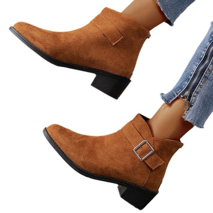 Women's ankle boots with a fashionable buckle detail and a comfortable square heel Lune London