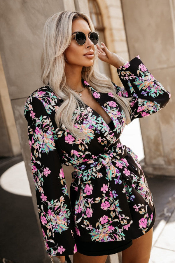 Ladies Elegant Blazer Jacket with Animal Print and Belted Waist Lune London
