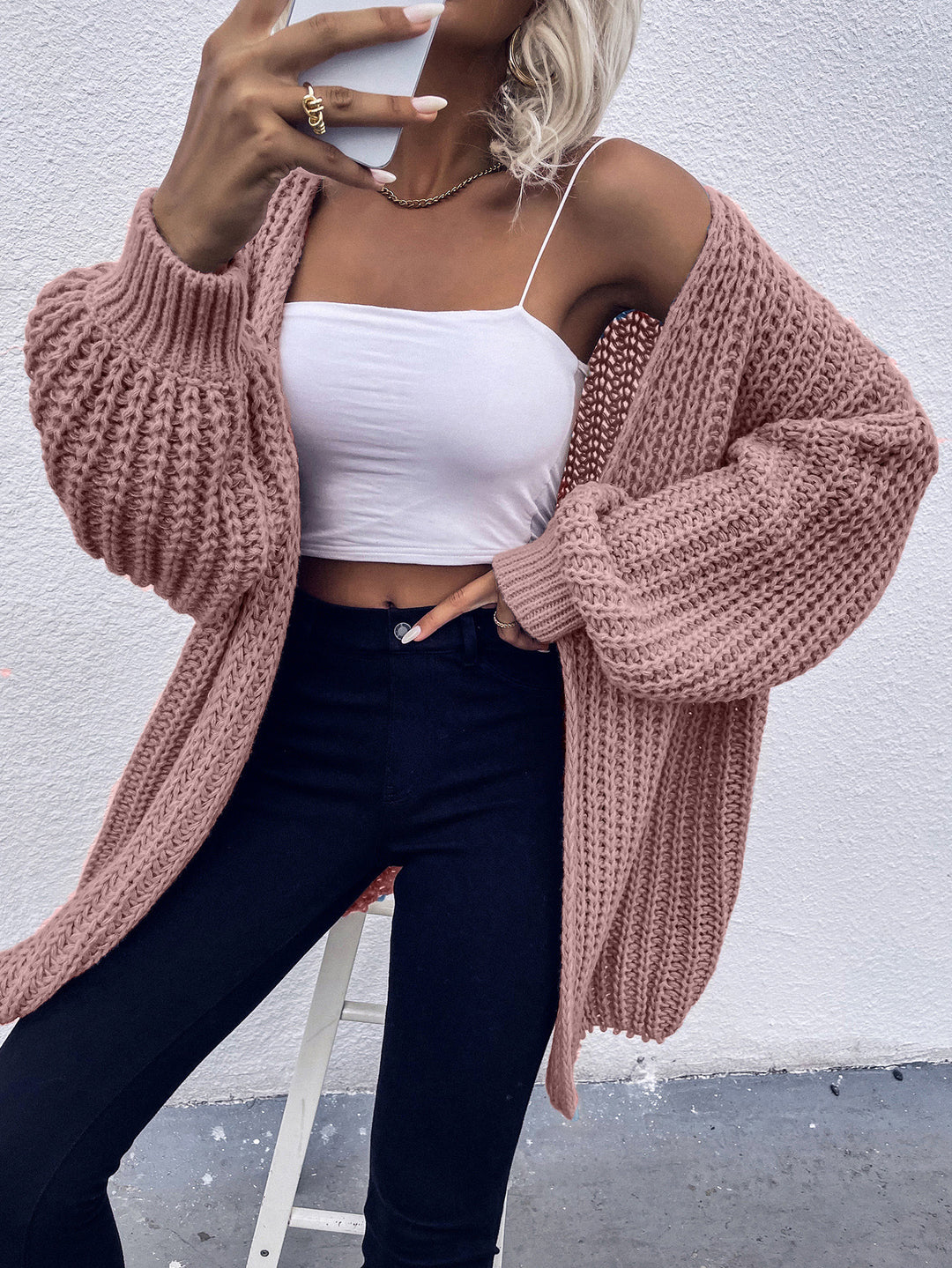 Thick knit jacket for women with oversized sleeves and front opening Lune London