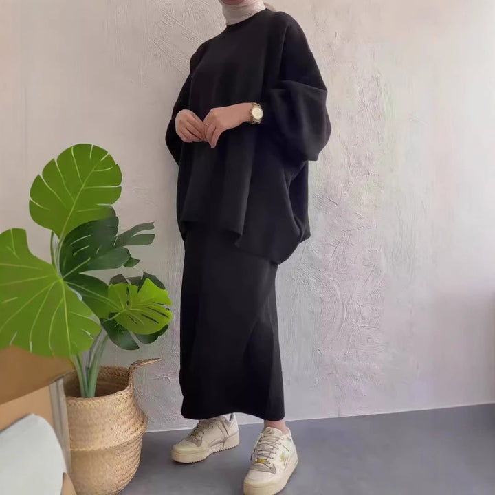Women's Oversized Sweatshirt with Stylish Chic Midi Skirt