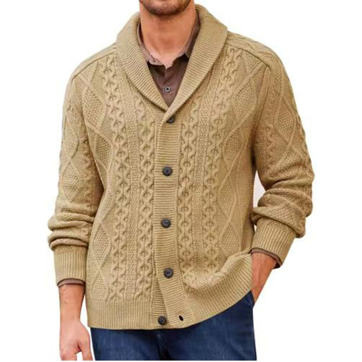 Men's knitted jacket with a clear braid pattern and a modern high collar Lune London