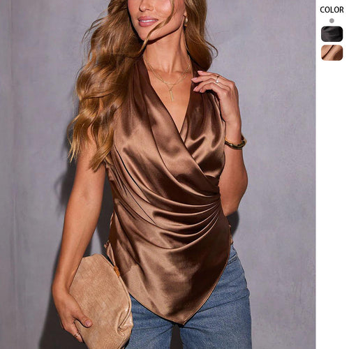 Women's satin wrap top with elegant V-neckline and ruched design