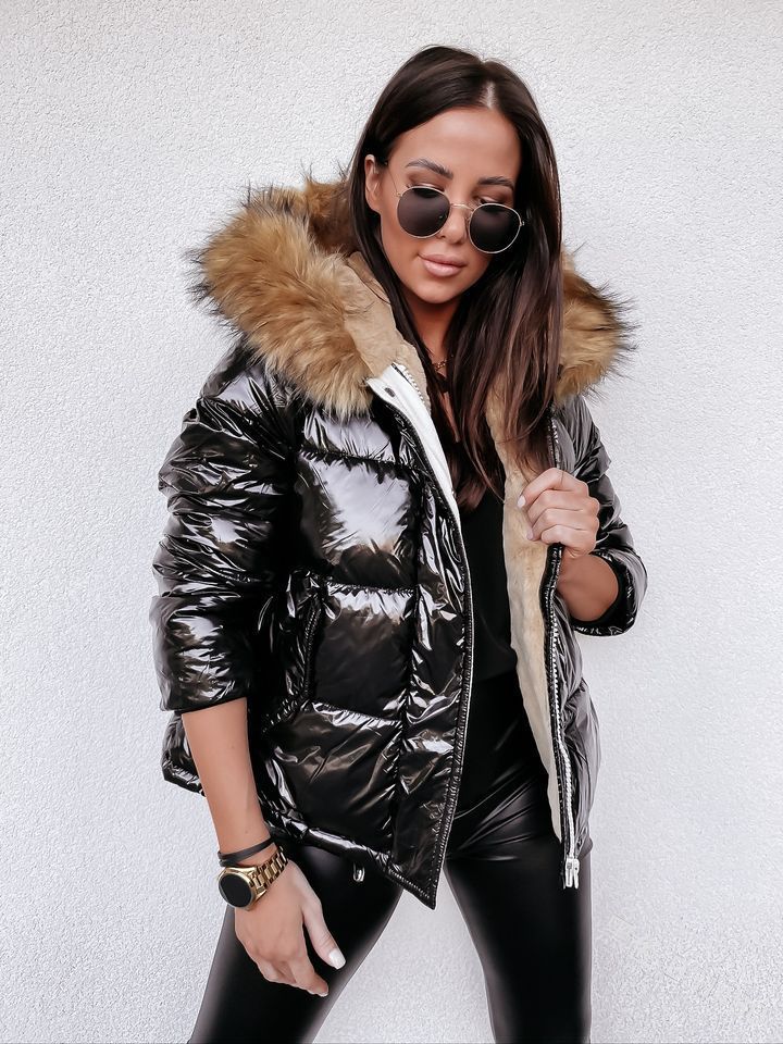 Ladies Shiny Winter Down Jacket with Removable Hood and Chic Faux Fur Collar