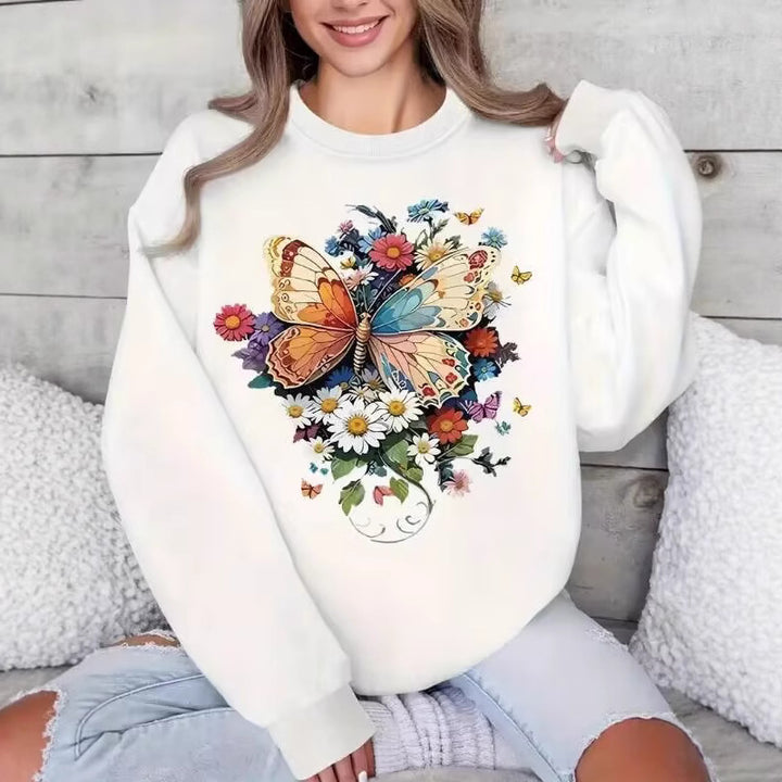 Sweatshirt à longues manches pour femmes avec imprimé floral de papillon Chic & Stil