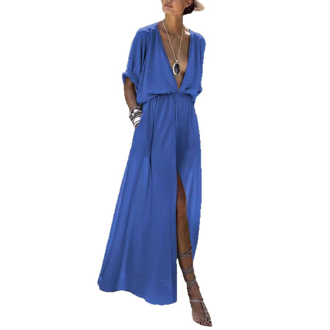 Women's Elegant Maxi Dress with Deep V-Neck and High Slit Lune London