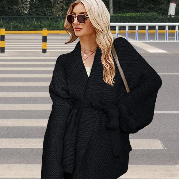 Women's chunky knit cardigan with wide shawl collar and tieable belt Lune Londonl