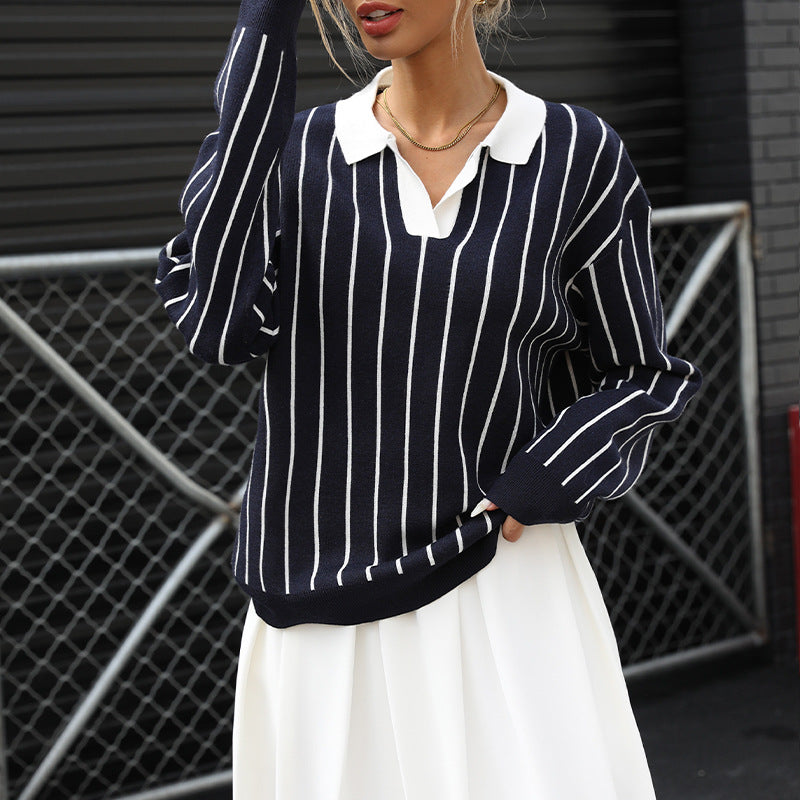 Knit sweater for ladies with elegant collar and striped pattern Lune London