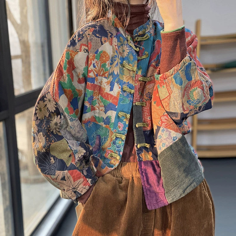 Chic und Stil | Floral High-Collar Linen Coats with Long Sleeves and Pockets