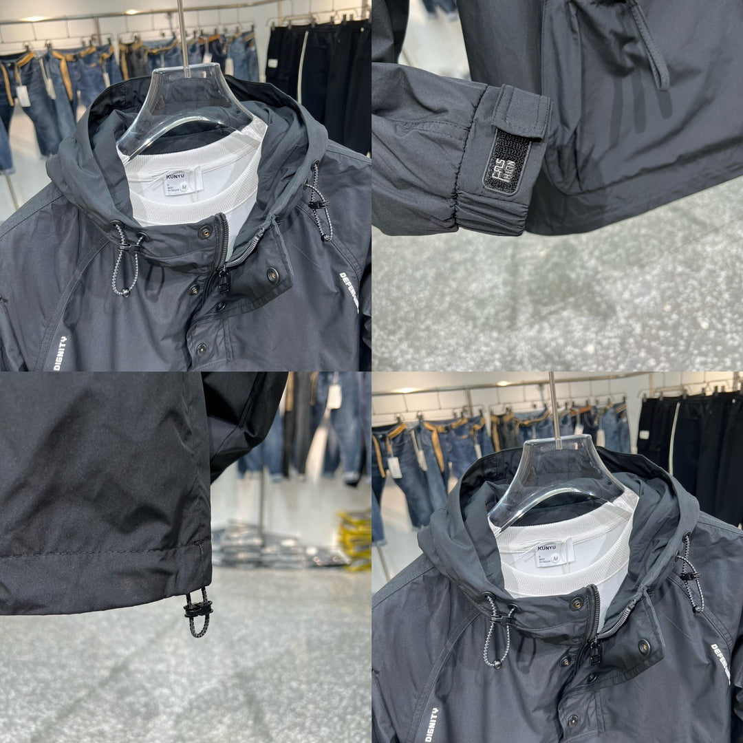 Functional outdoor jacket for men with high collar and practical pockets Lune London
