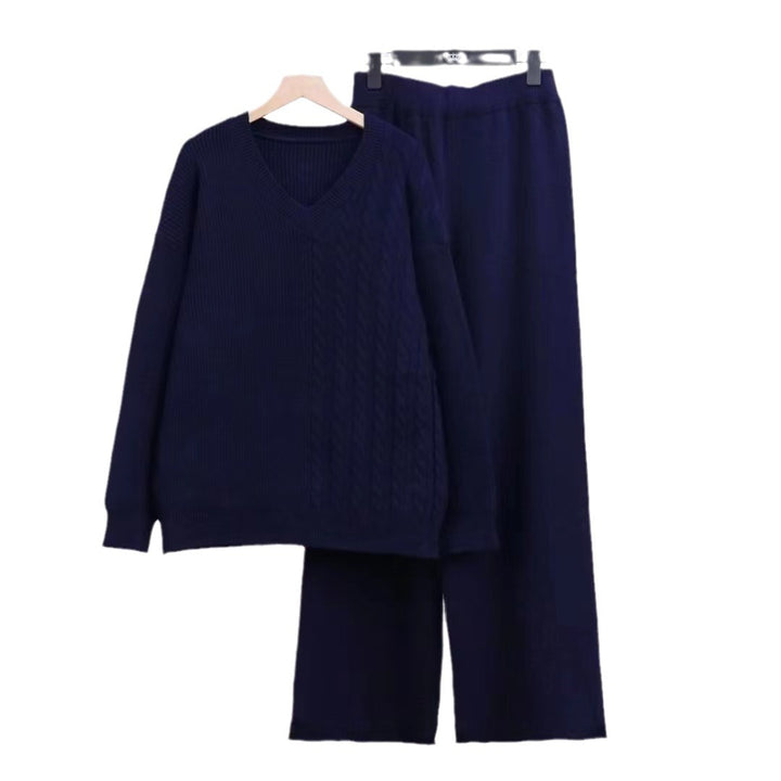 Pull en fine maille pour femmes et pantalon à coupe large avec décolleté en V et design en relief Chic & Stil