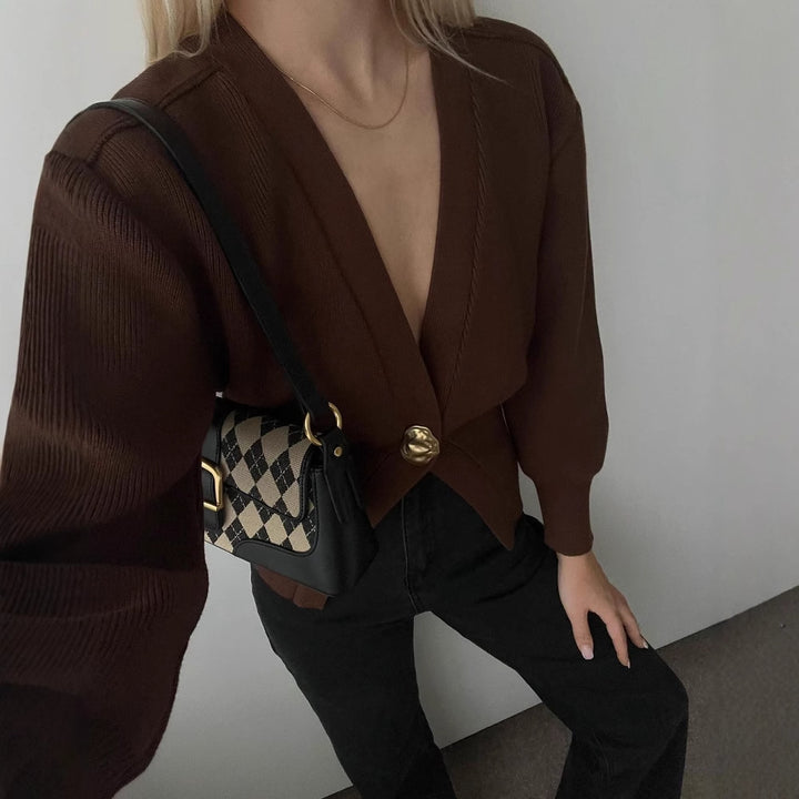 Women's fashion knitted cardigan with deep V-neck and decorative button Lune London
