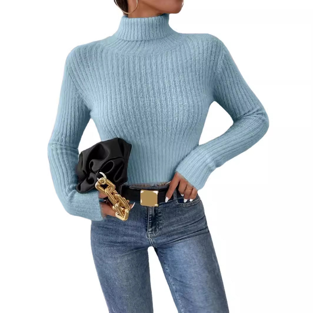 Ladies fine knit sweater with high collar and modern ribbed design Lune London