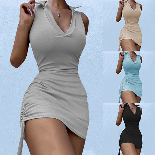 Fitted mini dress for women with a deep V neckline and gathers Lune London