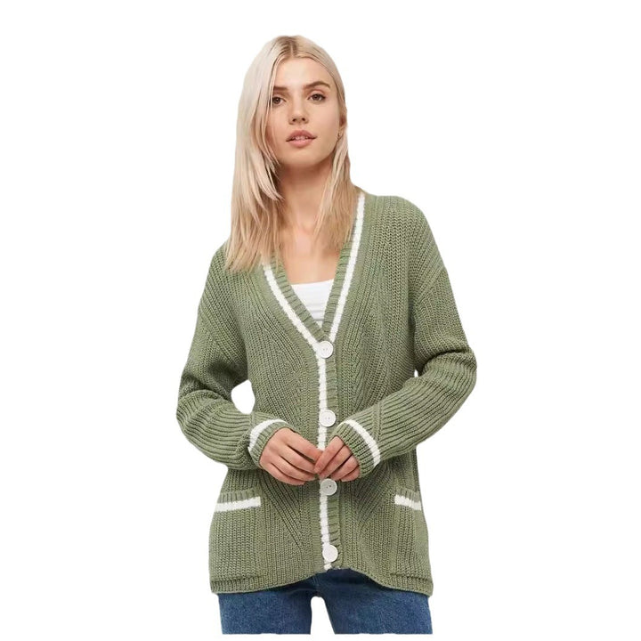 Ladies chunky knitted jacket with practical flap pockets and contrasting details Lune London