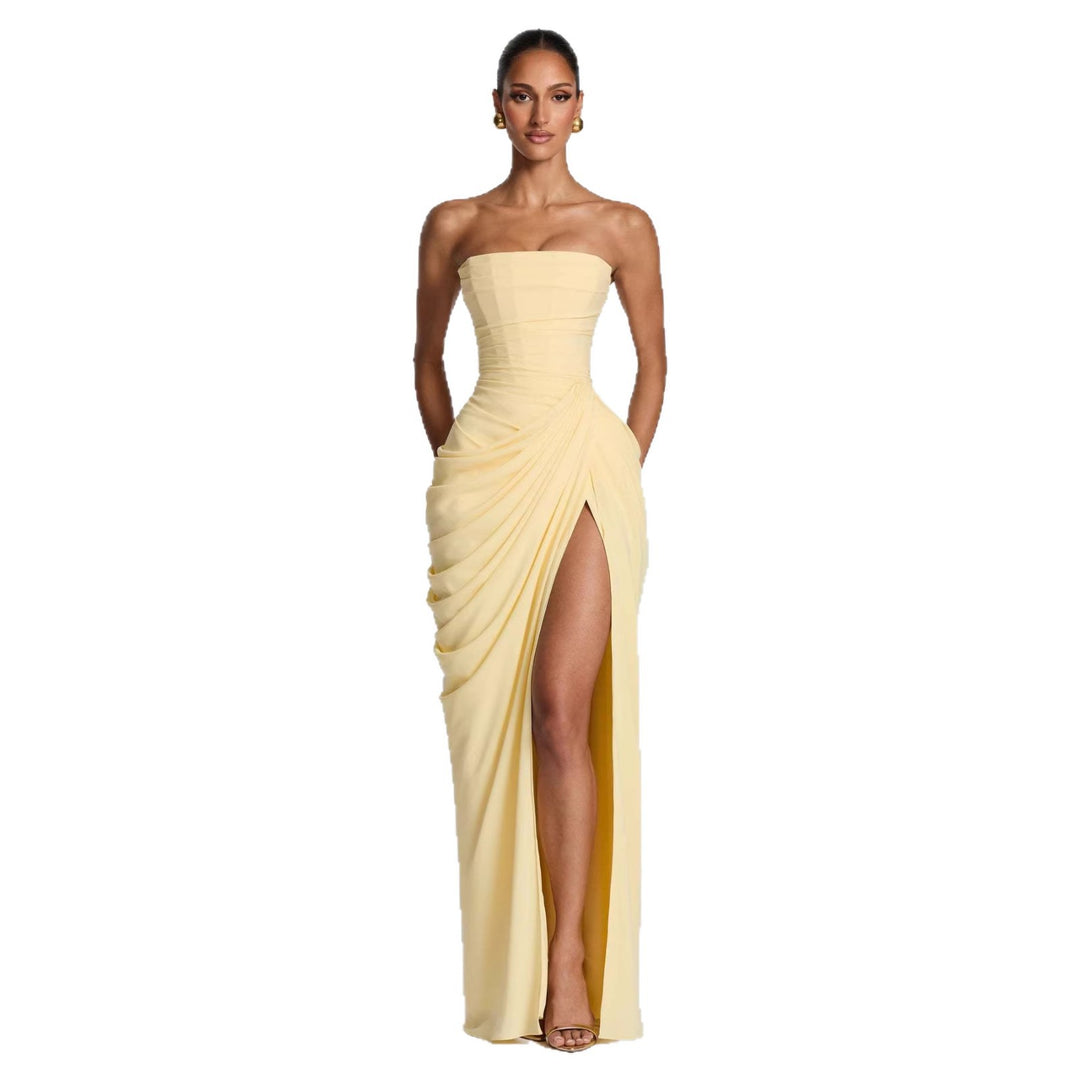 Ladies Elegant Long Sleeve Evening Dress with Asymmetric Draping and Narrow Slit Lune London