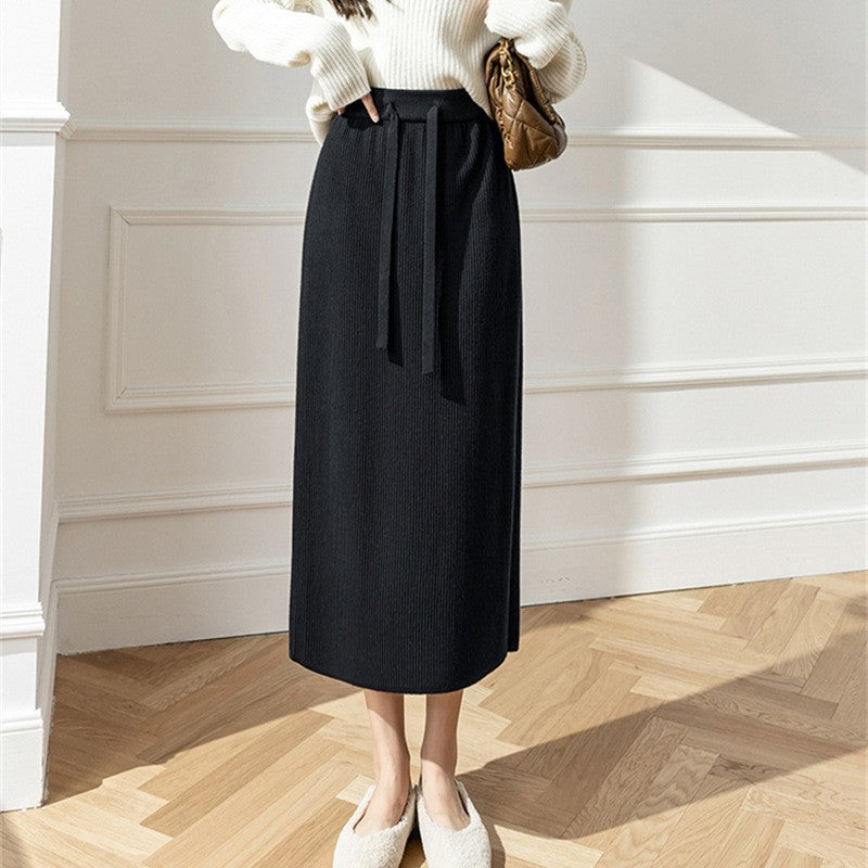 Jupe midi femme avec ceinture élastique et ceinture à nouer ajustée Chic & Stil
