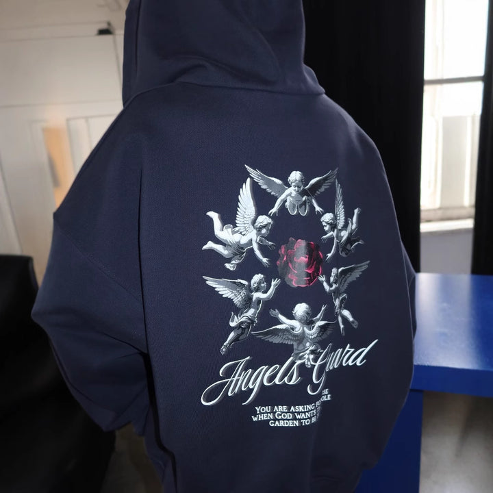 Women's hoodie with artistic angel pattern and trendy inscription Lune London