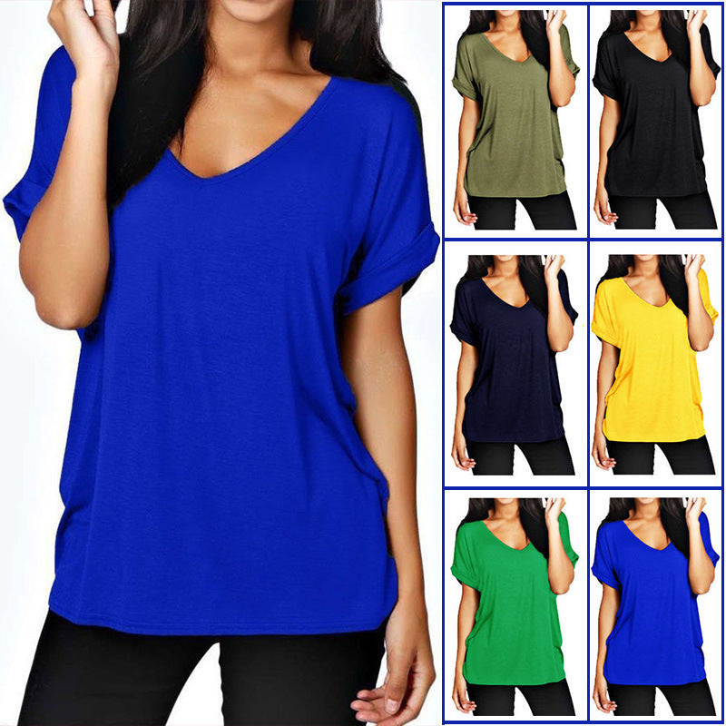 Casual women’s V-neck t-shirt with rolled-up sleeves Lune London
