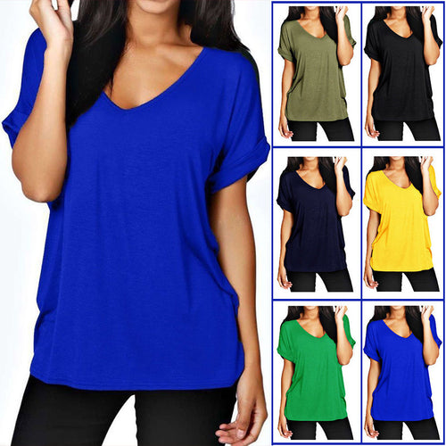 Casual women’s V-neck t-shirt with rolled-up sleeves Lune London