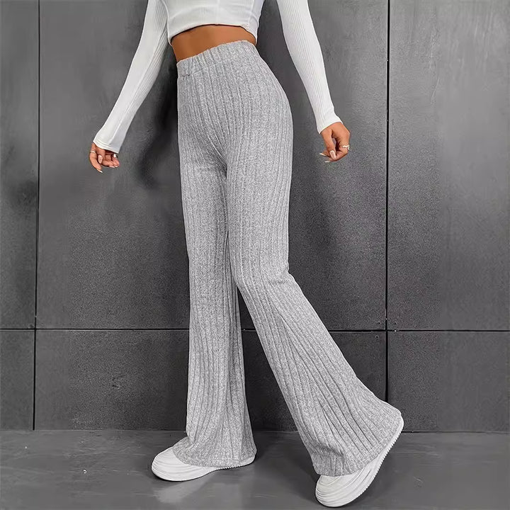 Women's Knit Palazzo Pants with Elegant Ribbed Design and High Waist Lune London
