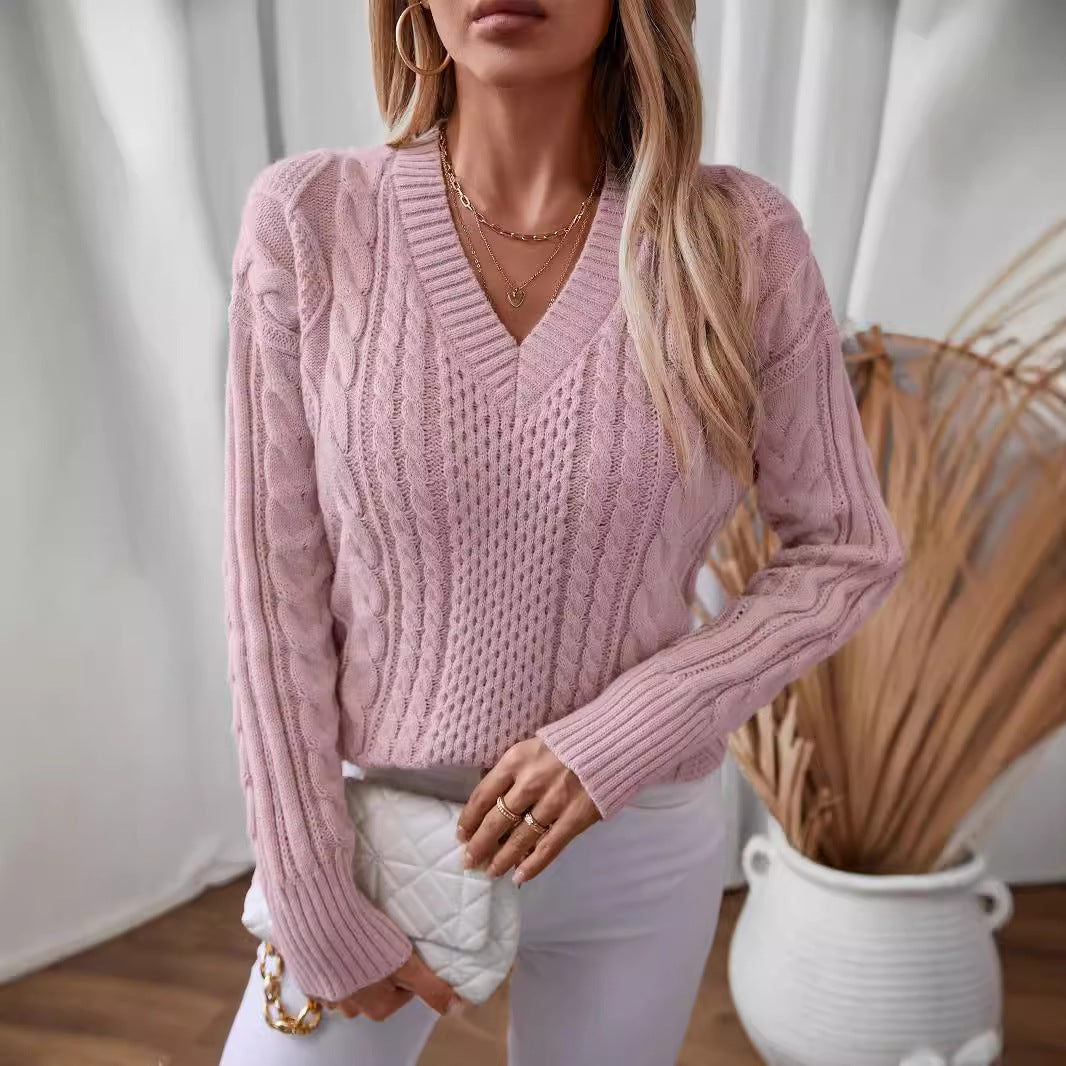 Women's knit sweater with deep V-neck and cable knit pattern Lune London