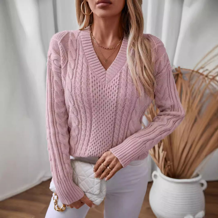 Women's knit sweater with deep V-neck and cable knit pattern Lune London