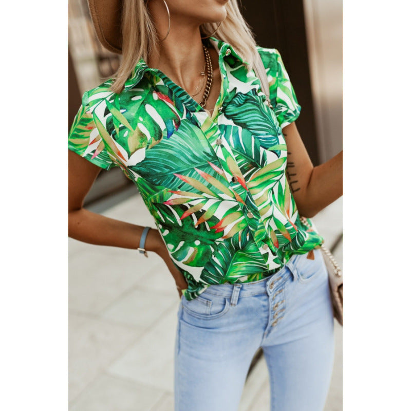 Women Short Sleeve Shirt with Bright Print and Button Placket Lune London
