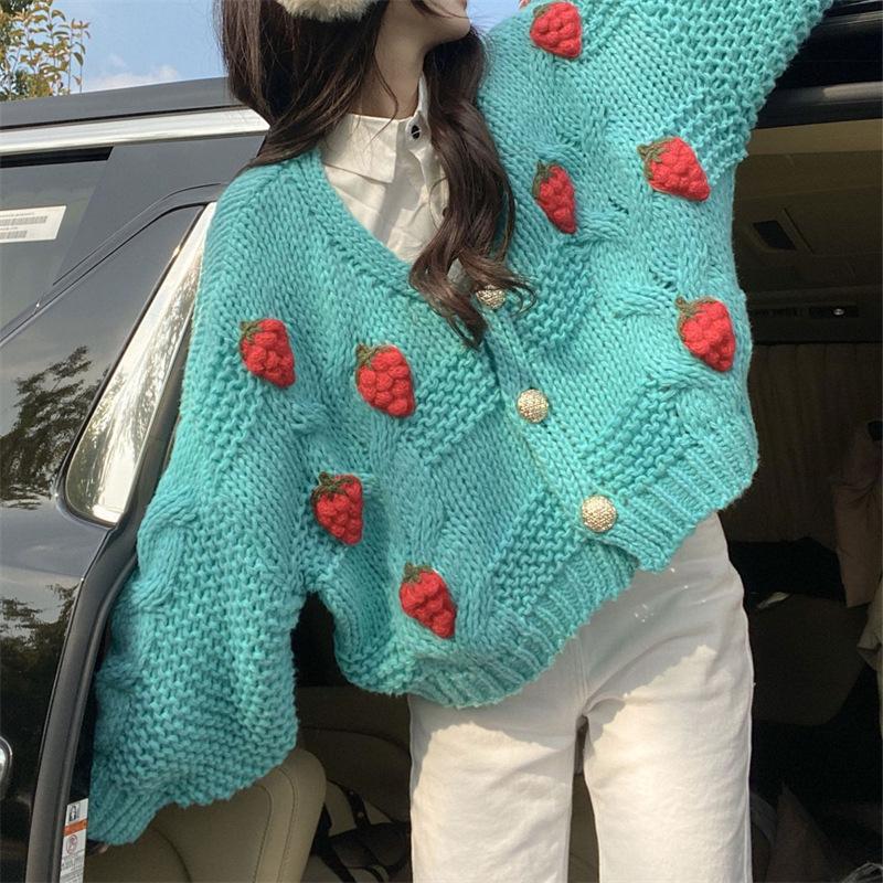 Ladies Chunky Knit Cardigan with Floral Embroidery and Sparkling Buttons Lune London