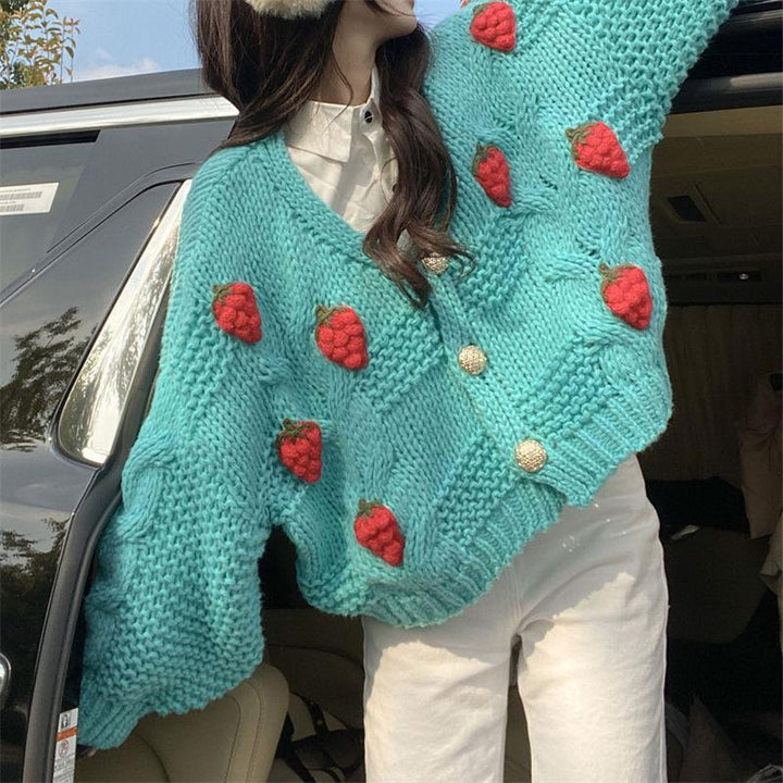 Ladies Chunky Knit Cardigan with Floral Embroidery and Sparkling Buttons Lune London