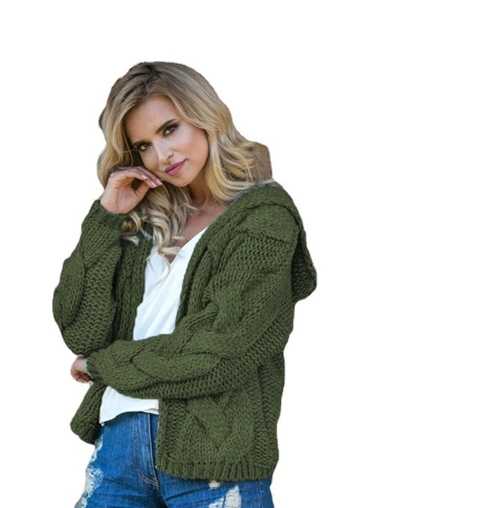 Thick knit jacket for women with hood and elegant cable pattern Lune Londonl