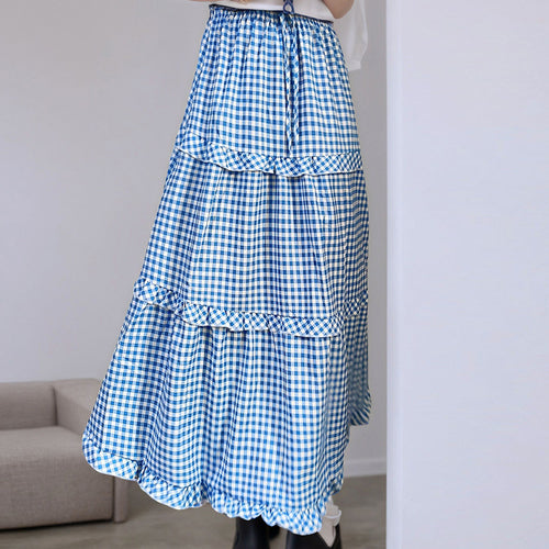 Women Long Plaid Skirt with Voluminous Tiered Design Chic & Stil