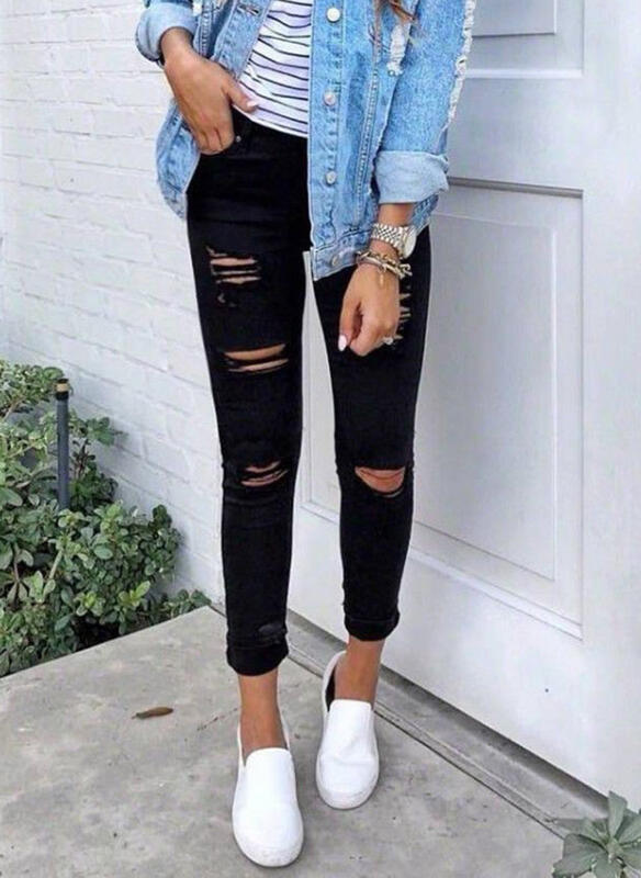 Ladies Skinny Jeans with Fashionable Rips Lune London