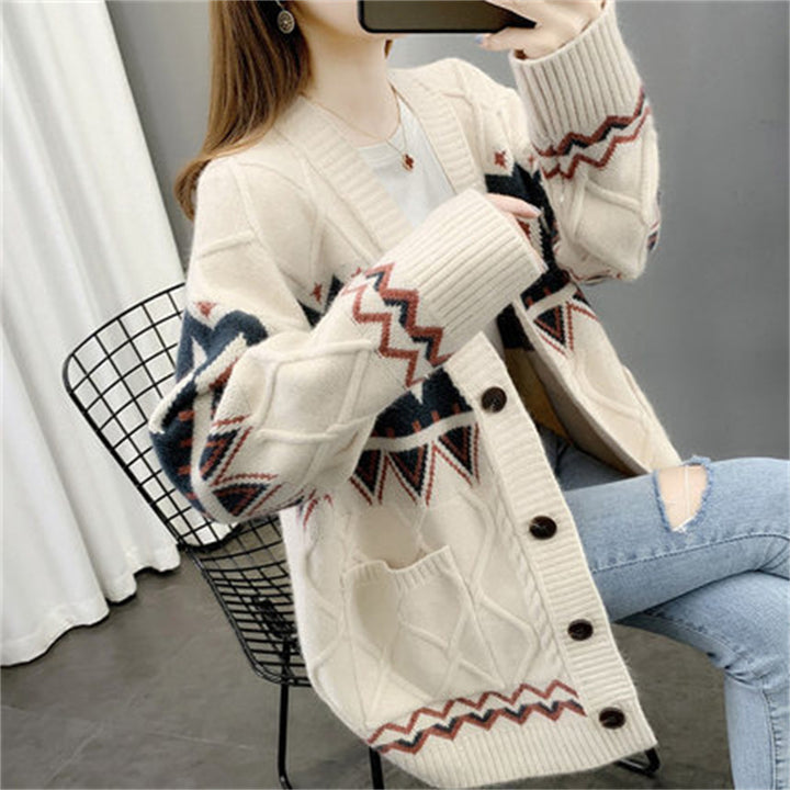 Women's knitted jacket with a modern braid and geometric pattern Lune London