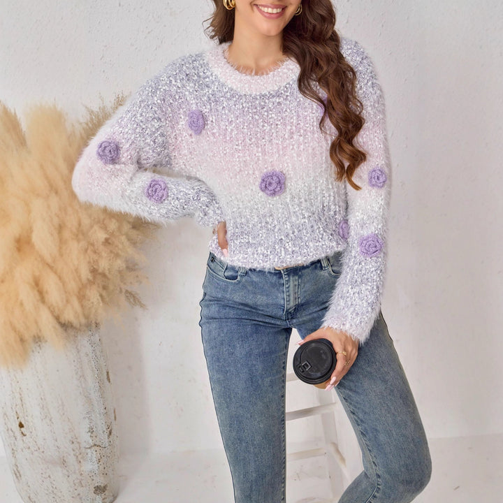 Women's Fluffy Knit Sweater with Floral Design Lune London